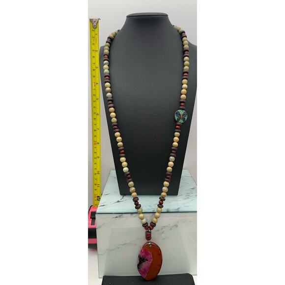 Gorgeous Stone & Wood Beaded Necklace W A Polished Pink & Amber Agate Pendant - Picture 6 of 6